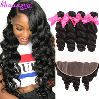 

Indian Loose Wave Bundles With Frontal 13X4 Lace Frontal With Bundles Shuangya hair 100% Remy Hair Weave Bundles With Frontal