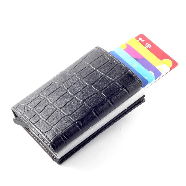 Smart Wallet Business Card Holder Real Cow Leather Handmade Smart Automatic Card Holder Men Gift Croco Mat Black