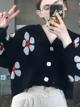 Estilo Preppy de punto con flores Cardigans suéter mujeres cuello en V suelto elegaht Thicked Pull Femme imprimir abrigo corto Casual