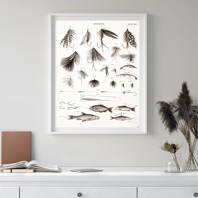 Vintage Fly Fishing Steampunk Illustration Art Prints Antique Fish Lures &  Hooks Poster Canvas Painting Wall Art Decor Man Gifts
