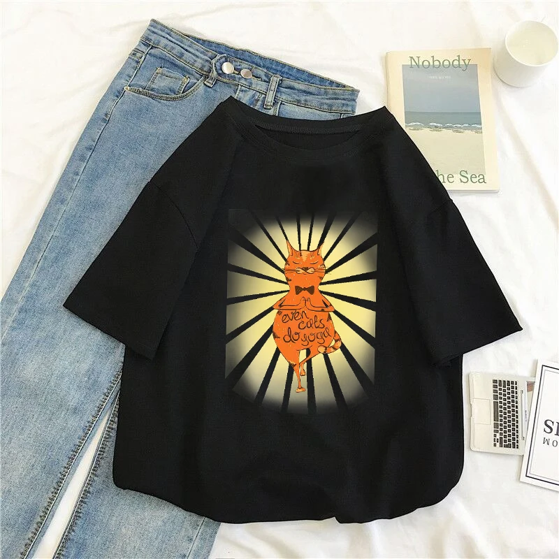 Yoga Cat New Summer Funny Print T-Shirt Neutral Cotton Casual Plus Size Short-Sleeved Cute Cartoon Round Neck 14-Color Top |