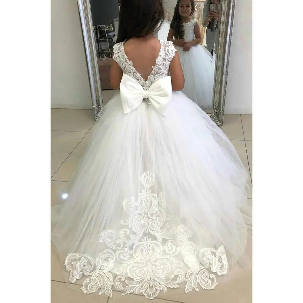 Appliques Tulle Bowknot Ball Gown Flower Girls Dress for Wedding Party Birthday Sleeveless Cute Kids