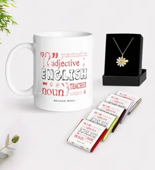

Personalized English Teacher White Mug Chocolate and Is Daisy Necklace Gift Seti-6