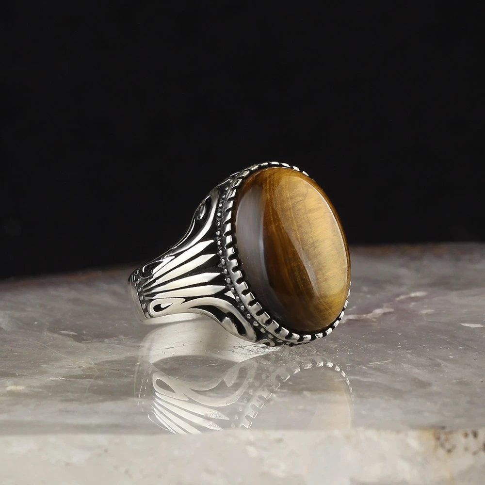 Free Shipping MEN 'S 925 Sterling Silver Ring, Tiger 'S Eye Stone Male Gift Jewelry, Real Natural Stone, made in Turkey Fashion Accessory