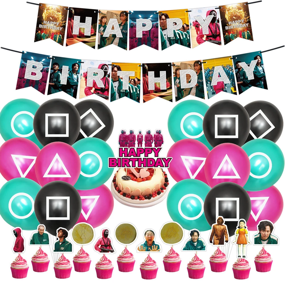 イカゲームの装飾誕生日パーティー用品には バナー ケーキトッパーが含まれています 12カップケーキトッパー 女の子のための18個のバルーン ペンダント Aliexpress