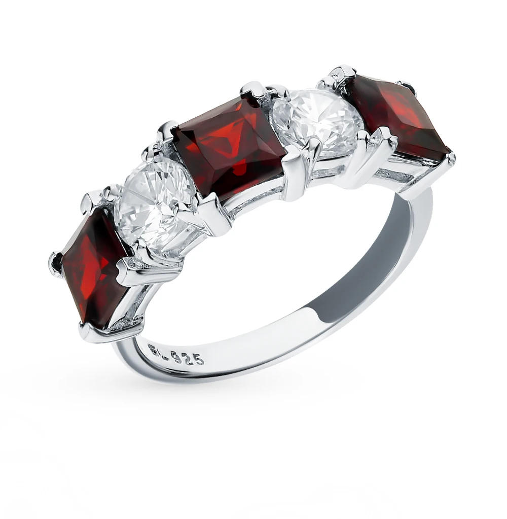 Серебряное кольцо с фианитами и гранатом SUNLIGHT проба 925