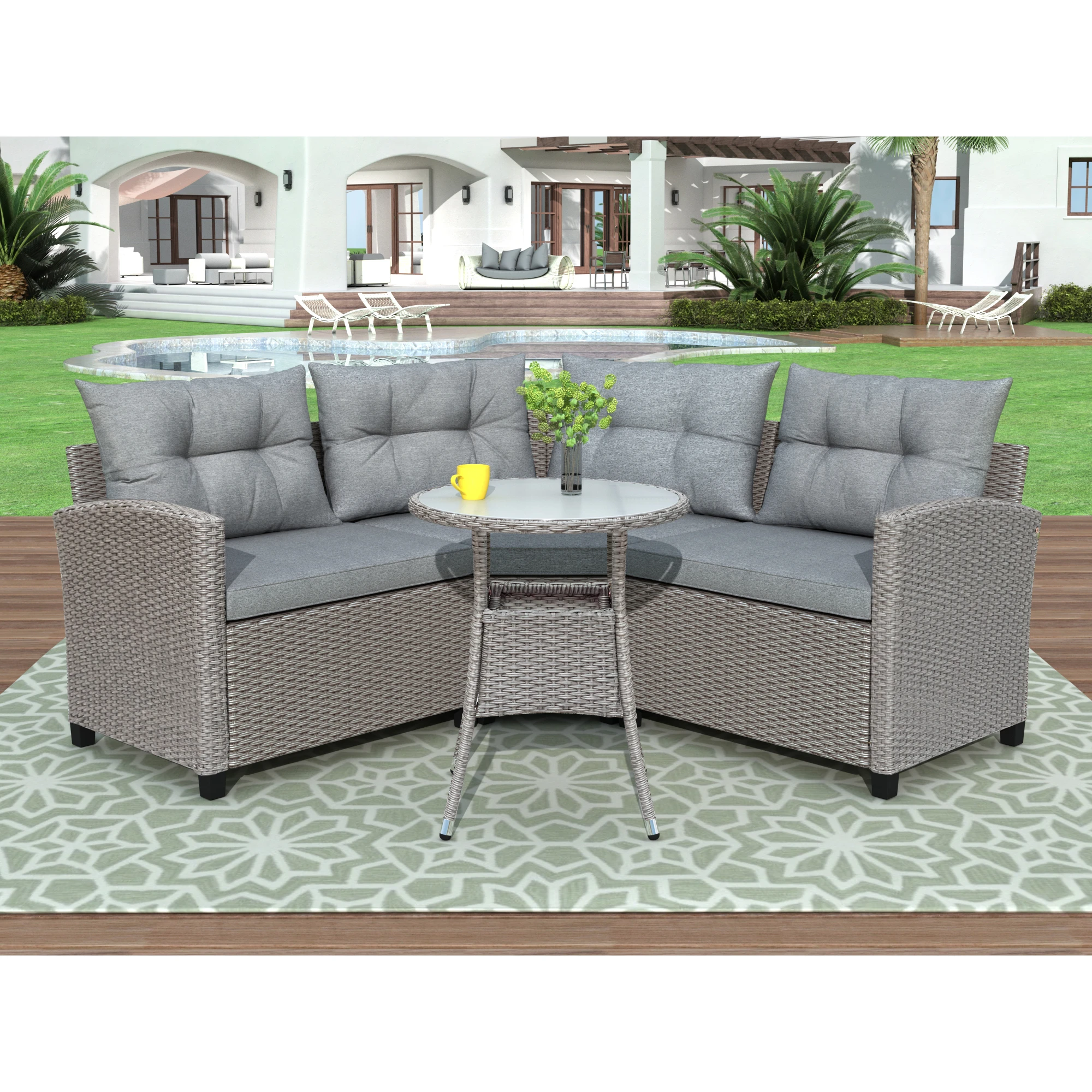 4 Piece Resin Wicker Patio Furniture Set With Round Table Gray Cushions