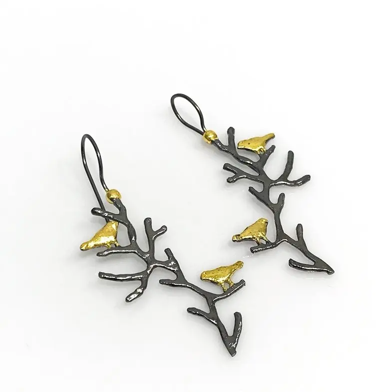 

Authentic Hand Production Tree Branch Bird Silver Design Earrings