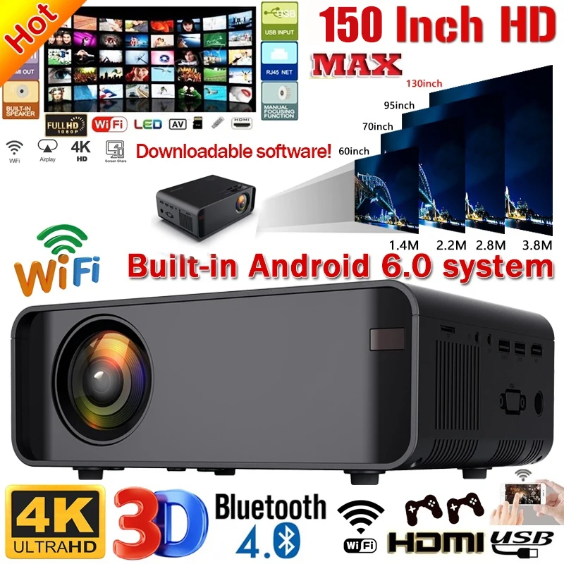 

LED Projector 4k 2300lumen Mini Projector Bluetooth4.2 HDMI USB Android 6.0 Wifi 8G Portable Cinema Home Media Player Beamer