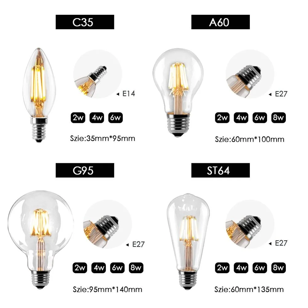 LED Filament Bulb E27 Retro Edison Lamp 220V E14 Vintage Candle Light Globe Chan 