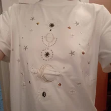 Women's T-Shirts Short-Sleeve Embroidery Black Top White Fashion-Star Korean Casual O-Neck