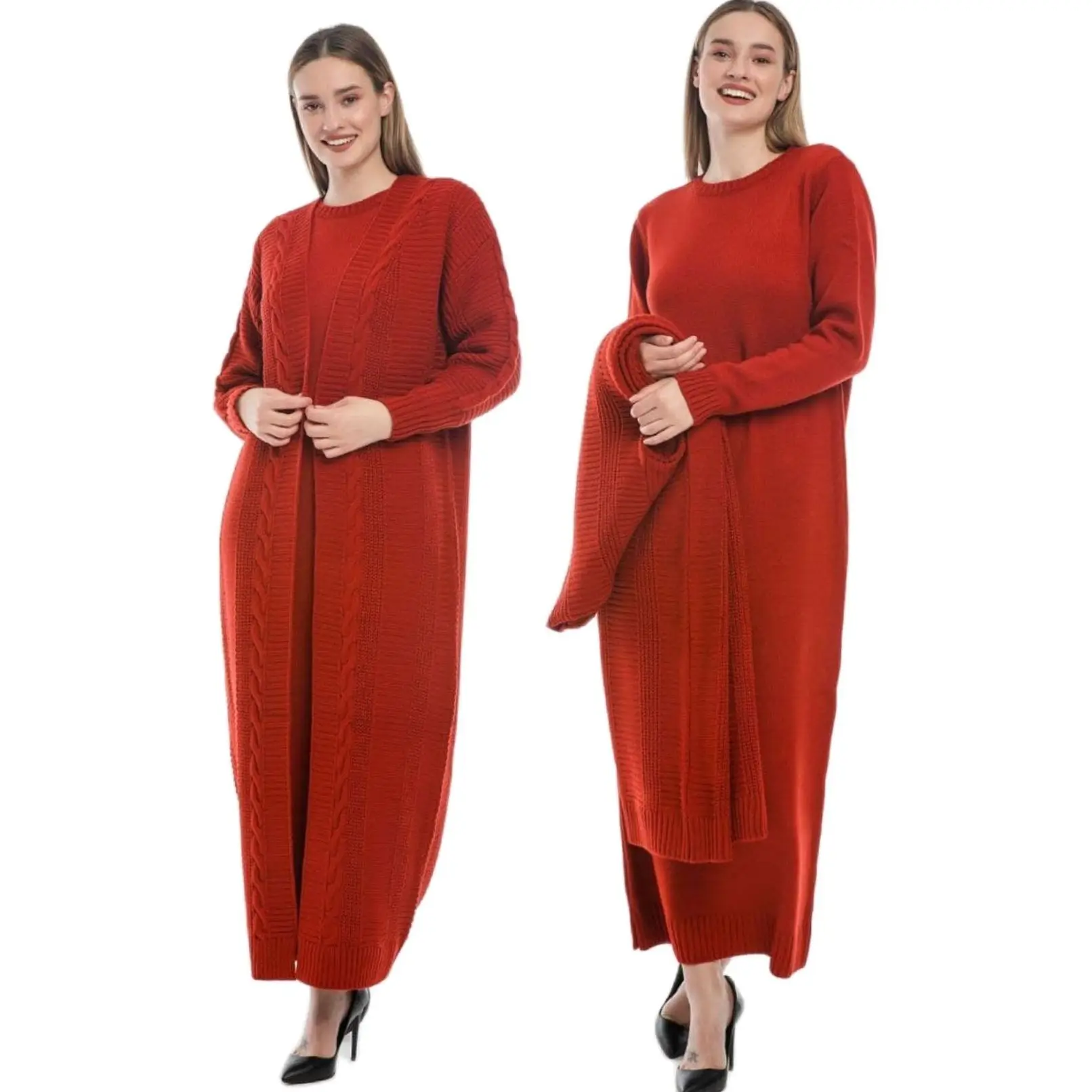 

Женский комплект из 2 предметов, трикотажная одежда с вышивкой, Платье макси с высоким воротником и длинный кардиган, модная одежда в турецком мусульманском стиле с длинным рукавом