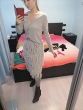 Crochet Skirt Feather-Sweater A-Line Midi Grey Long Designer High-Waist Fashion Women