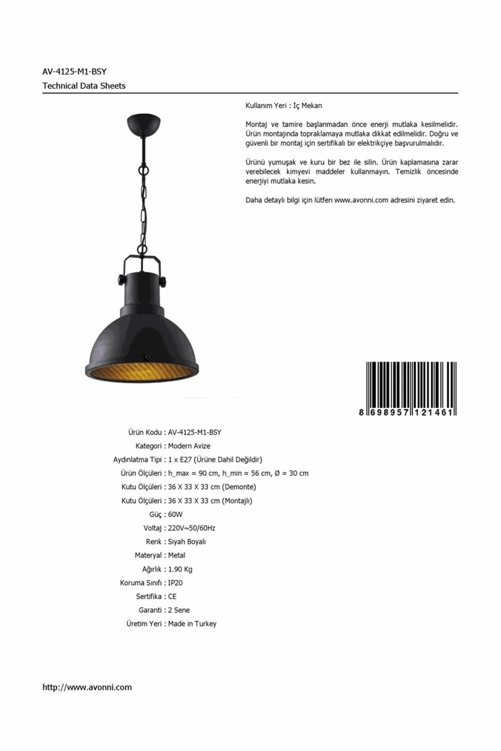 AVONNI AV-4125-M1-BSY черный окрашенный кулон, E27, металл, 30 см