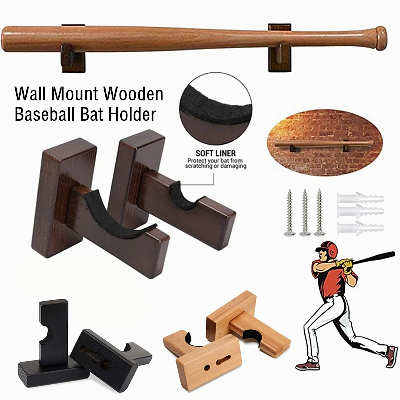 2pcs Wooden Baseball Bat Display Holder Rack Portable Wall Mount Stand Softball Bat Hockey Stick Rack Bracket 2pcs 3 tier vintage portable wood bracelet bangle chain t bar rack watch jewelry organizer hard display stand holder