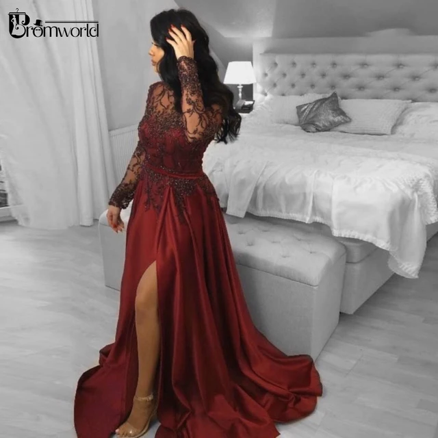 Dark Red Size Evening Fiesta Illusion Long Sleeve Beading Lace Leg Slit Evening Gowns Formal Dresses - Evening Dresses - AliExpress