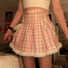 Mini Skirt Short Tutu Lace Pleated Plaid Warm Cosplay Lolita School Korean-Fashion Women