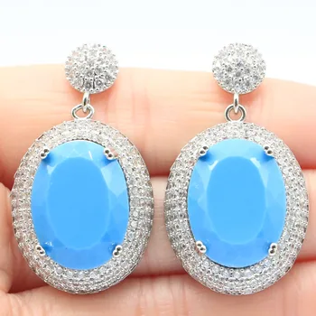 

40x22mm SheCrown 17g Big Created Blue Turquoise Oval Silver Earrings for Women Delicate Fine Cut Bridal Jewelry Hot Selling