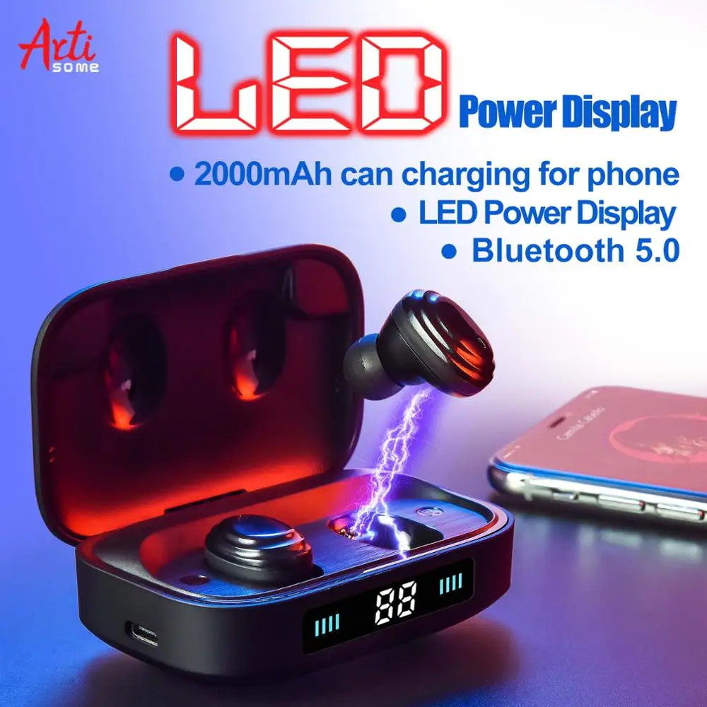 Спортивные Bluetooth 5,0 беспроводные наушники водонепроницаемые TWS с микрофоном гарнитуры Мощный светодиодный дисплей 2000 мАч наушники можно зарядить для телефона