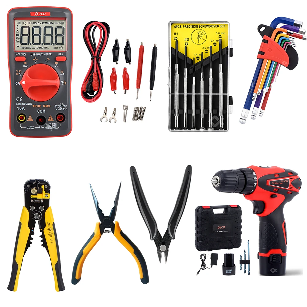 

Tester Multimeter Power Tools Combo Kit Cordless Drill Set with 12V Lithium Driver Household Hand Tool Kit for Home Repair