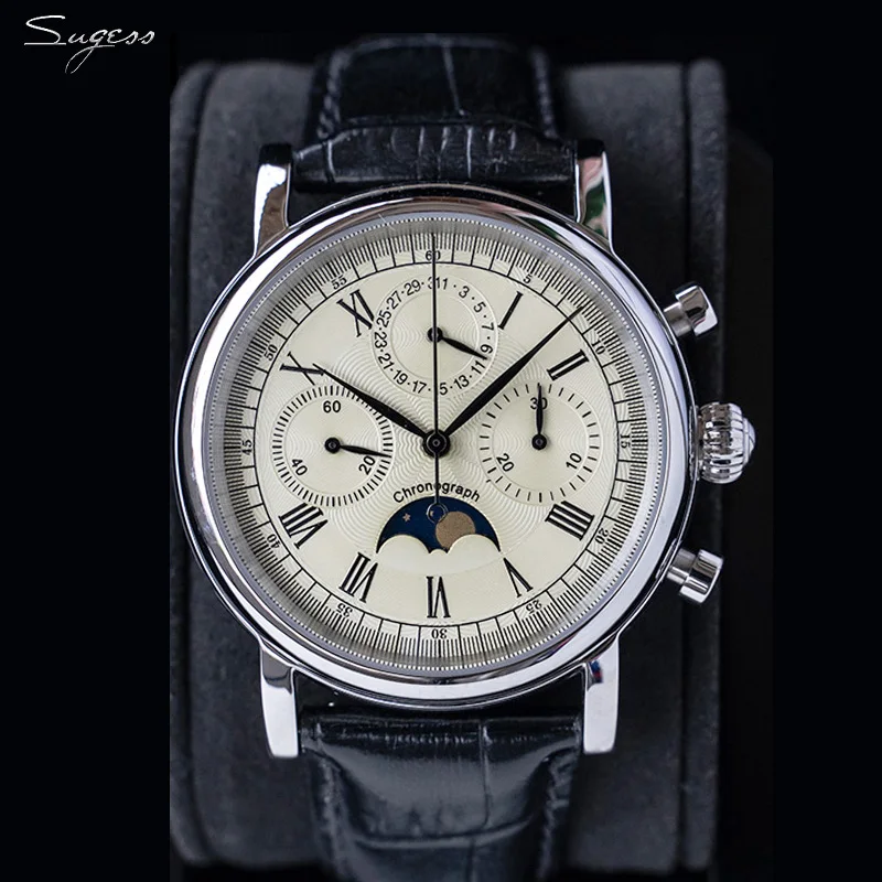 US $192.29 Sugess Men Watch St1908 Movement Mechanical Chronograph Watch Genuine Moonphase Calendar Vintage Leather New