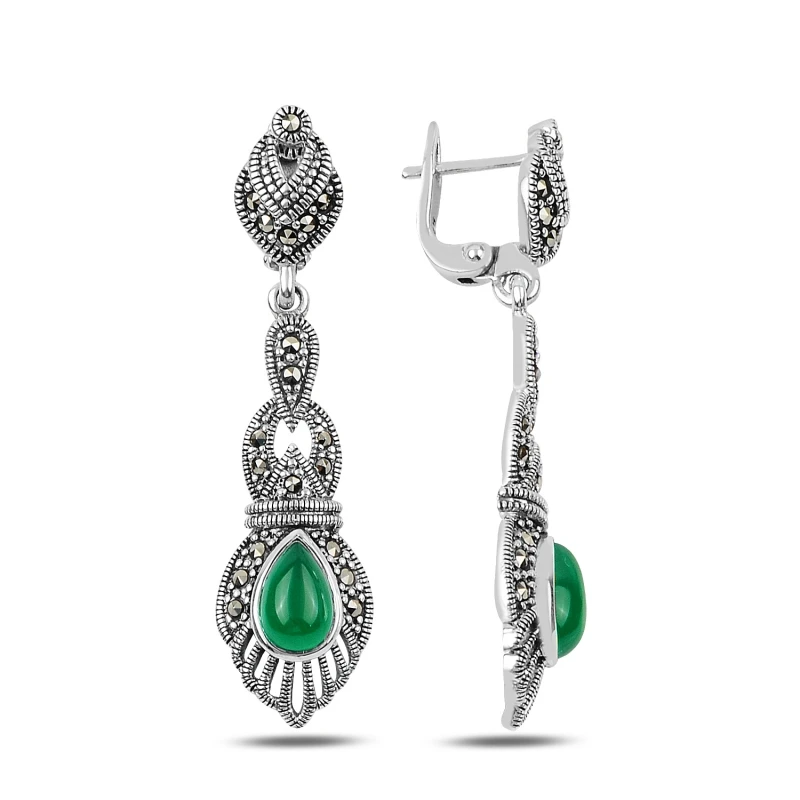 

Silver 925 Sterling Marcasite & Green Agate Stone Dangle Earrings