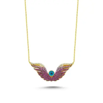 

Angemiel 925 Silver Pink Grayscale Zircon Eyes Wing Necklace-Gold Plated
