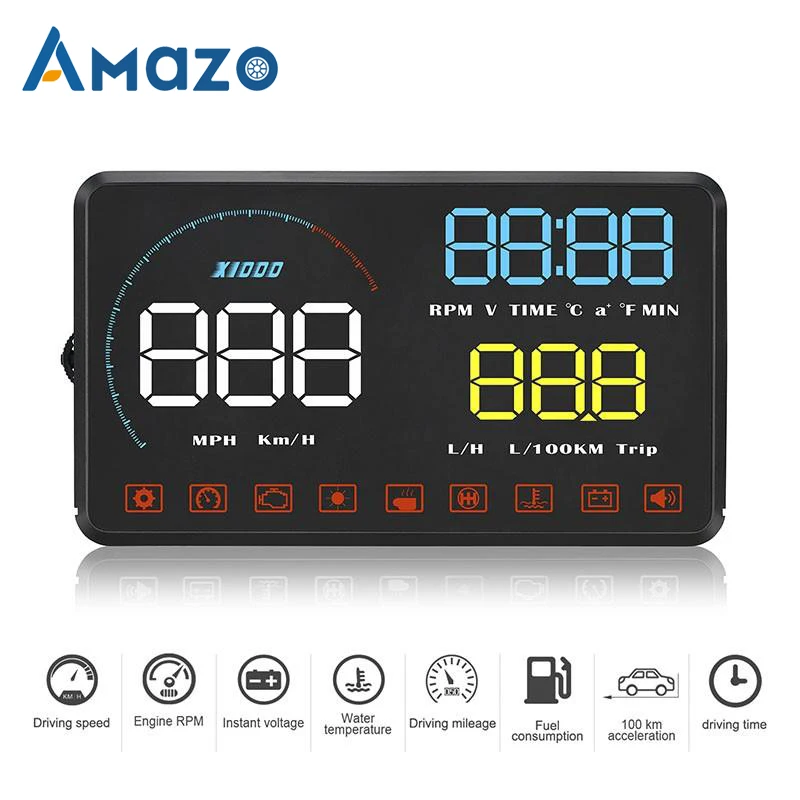 

5.5" A9 HUD Car Head-Up Display Windshield Speed Projector Security Alarm Water temp Overspeed RPM Voltage Driving Time