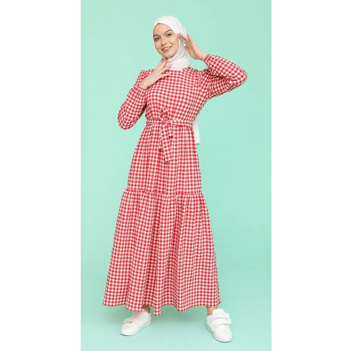 

Checked Pleated Dress Square Pattern Hidden Zipper Belted Unlined Long Sleeve Zero Collar Seasonal Muslim Fashion Hijab Cloth