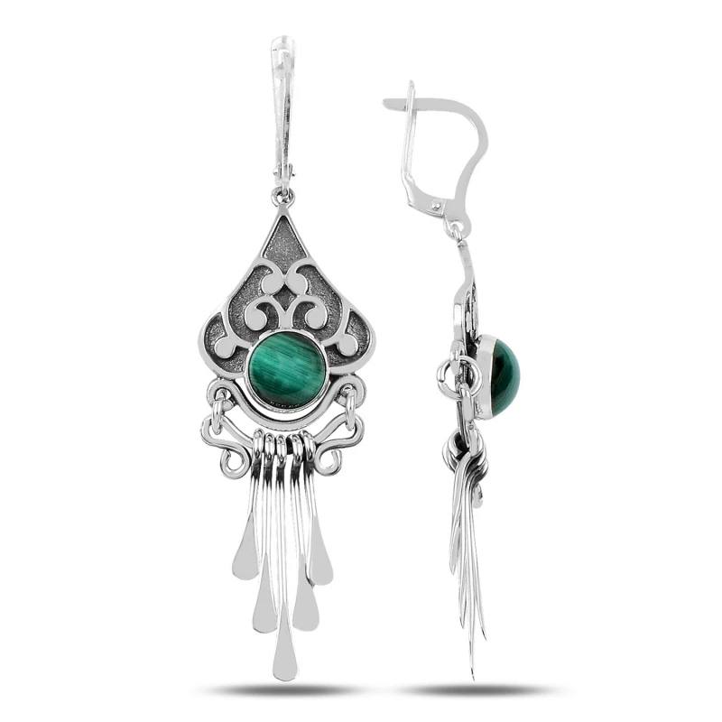 

Silver 925 Sterling Malachite Gemstone and Shaking Hand Handwork Earrings