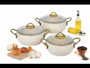 

Cookware Set 3 piece Granite Stew Pot White Gold Handle Made in Turkey
