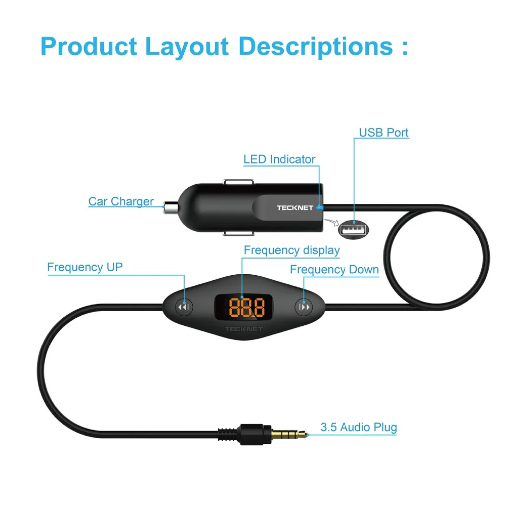 TeckNet автомобильное зарядное устройство Быстрая зарядка с 3,5 мм аудио разъем в автомобиль универсальный F27 FM передатчик Радио Функция для iPhone iPad MP3/4