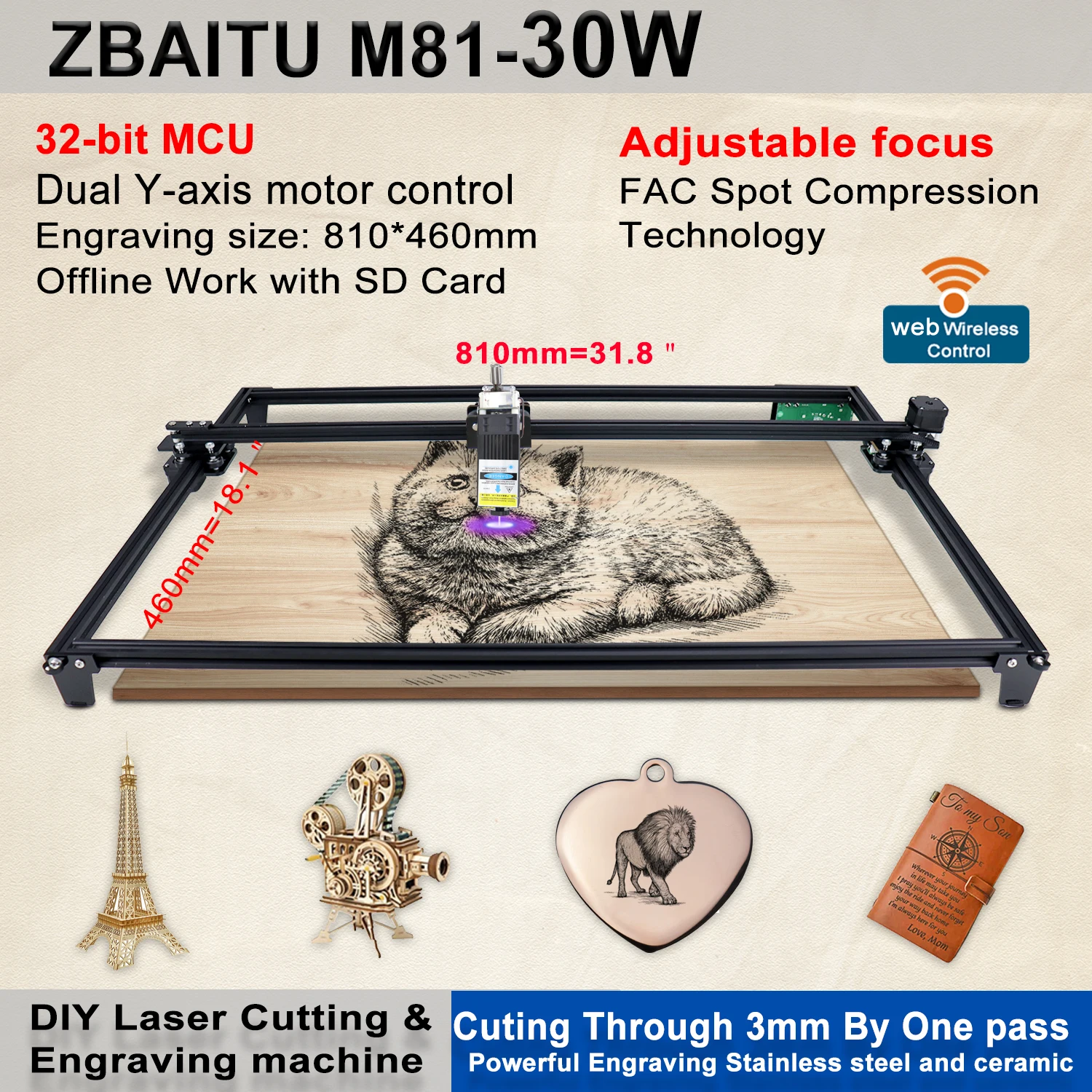 portable woodworking bench ZBAITU FF80 Laser Engraving Cutting Machine 81*46cm Large Area 32-Bit Engraver with Air Assisted Laser Head Cutting Pine woods multi boring machine for wood Woodworking Machinery
