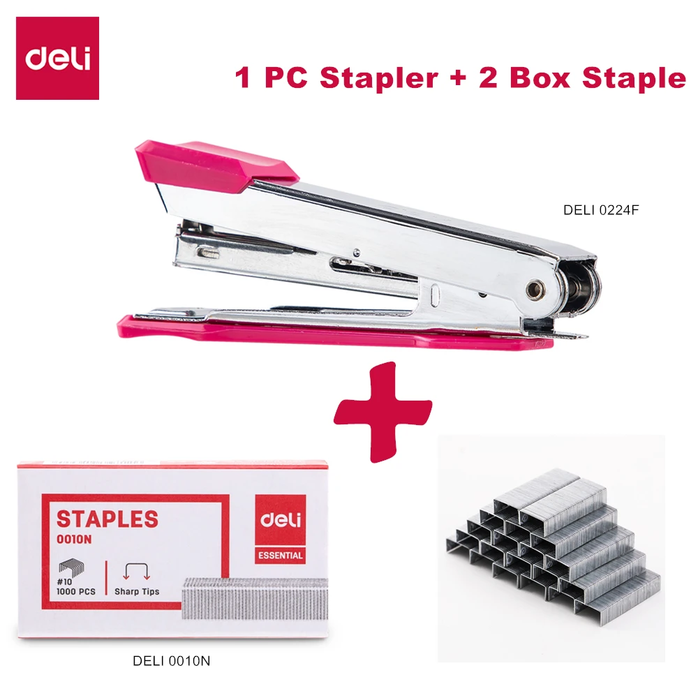SET RED WITH STAPLES DELI степлер № 10 металлический Прочный Модный Цветной степлер 0224F shool офисный планировщик канцелярские скобы аксессуары - Цвет: SET RED WITH STAPLES
