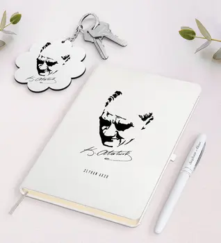 

Personalized Ataturk Themed White Notebook Pen and Keychain Gift Seti-25