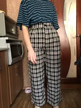Pantalones largos de pierna ancha para mujer, pantalón informal, holgado, recto, a cuadros, color azul, de gran tamaño, estilo coreano, 2020