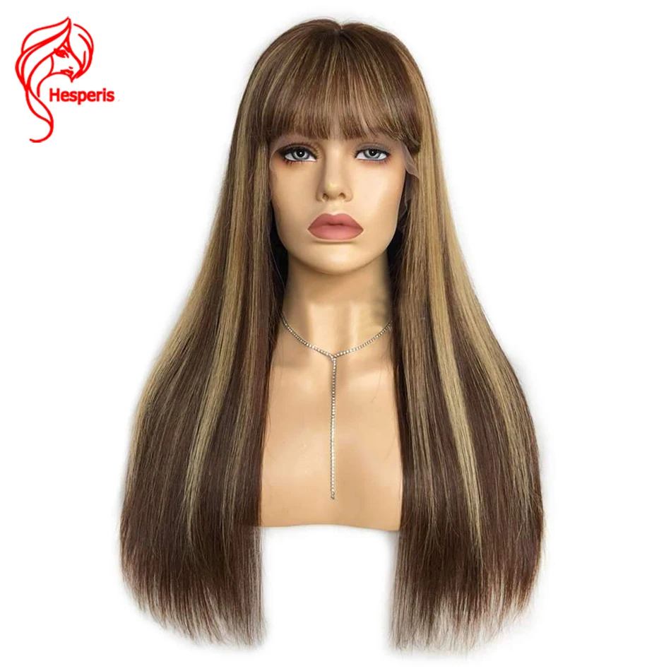 Hesperis 180 Density Scalp Top  Full Machine Made Human Hair Wigs with Bangs Remy Brazilian Blonde Highlight Wigs For Women