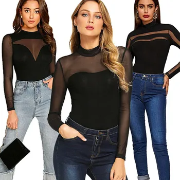 

5 Style Solid Neck Mesh Sheer Skinny Black Night Out Bodysuit Women Ladies Spring Long Sleeve Sexy Body Female Basic Playsuits