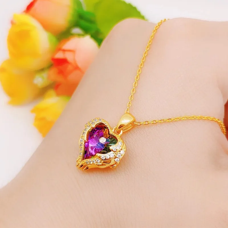 Fashion Simple Creative Ocean Heart Necklace Exquisite Heart Angel Wings Colorful Crystal Pendant Gifts for Girls fashion necklace pendant necklaces pendant necklace