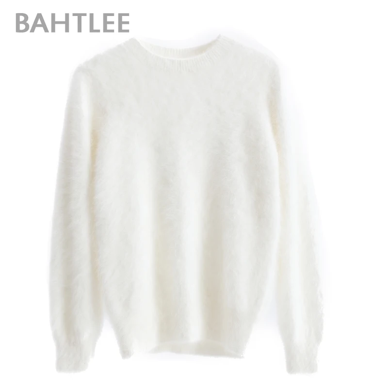 White BAHTLEE Для женщин из ангоры, свитер Однотонная одежда, осенне-зимнее, связанное из шерсти свитер одежда с длинным рукавом и круглым вырезом, комплект из стильная Базовая Стиль - Цвет: White