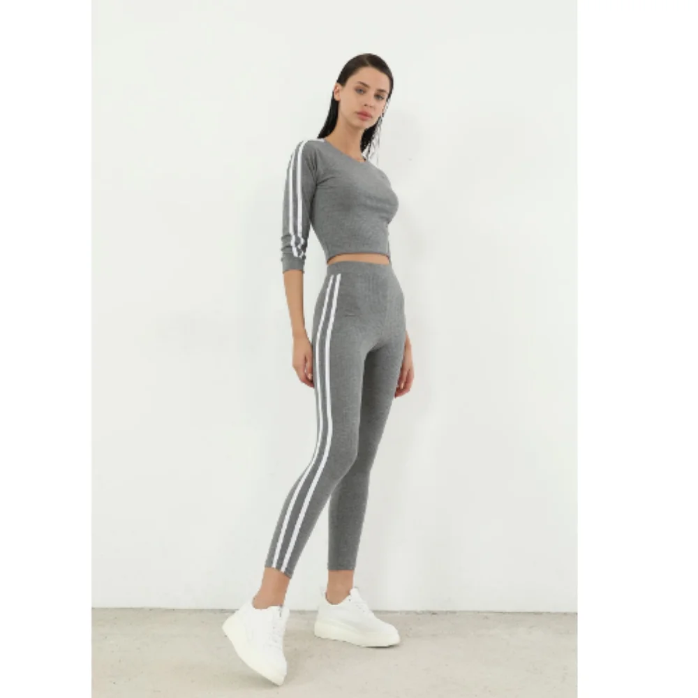 Леггинсы Костюм Полосатый Серый Спортивный Хлопчатобумажная Талия Качественные