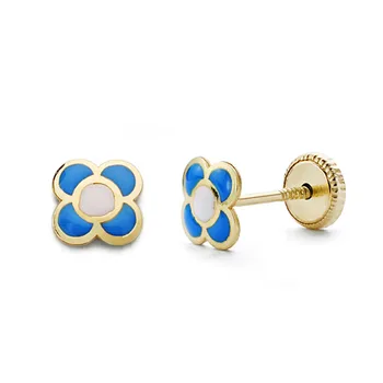 

18k gold earrings blue flower 6mm. [AA0340]
