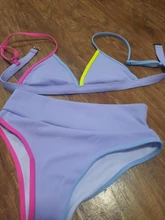 Female Swimsuit Bikini-Set Ribbed Two-Pieces High-Waist 4-Colors Print Women V2443 Lady