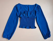 Short Blouses Womens Tops Long-Sleeve Vintage Square-Collar Casual Simple New Bow Solid