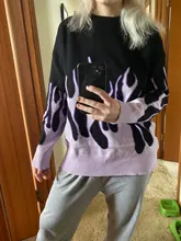 Suéter largo holgado con cuello redondo para mujer, Jersey de punto azul con estampado de llamas para otoño e invierno, 2020