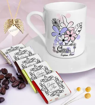 

Personalized Dear Mom Coffee cup Chocolate Angel Wing Necklace Seti-16