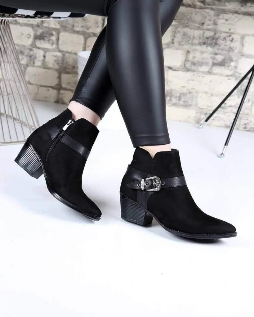 

Mosimoso Women's Ankle Height Boot Lenna Black Suede Belt Buckle Zippered Heels Women Boots