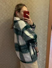 Woolen Coat Shirt Jacket Windbreaker Oversize Plaid Vintage Women Loose Button Winter