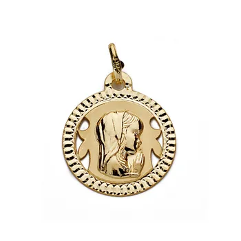 

Medal 9k gold Virgin Girl Light 16mm. Round pendant carved edging openwork details