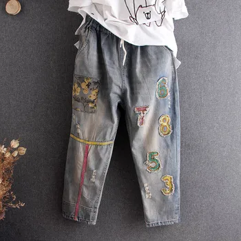 

Art Patch Letters EmbroideredRipped Jeans Women Baggy Harem Denim Elastic Waist Hip Hop Trousers Boyfriend Half-length Pants